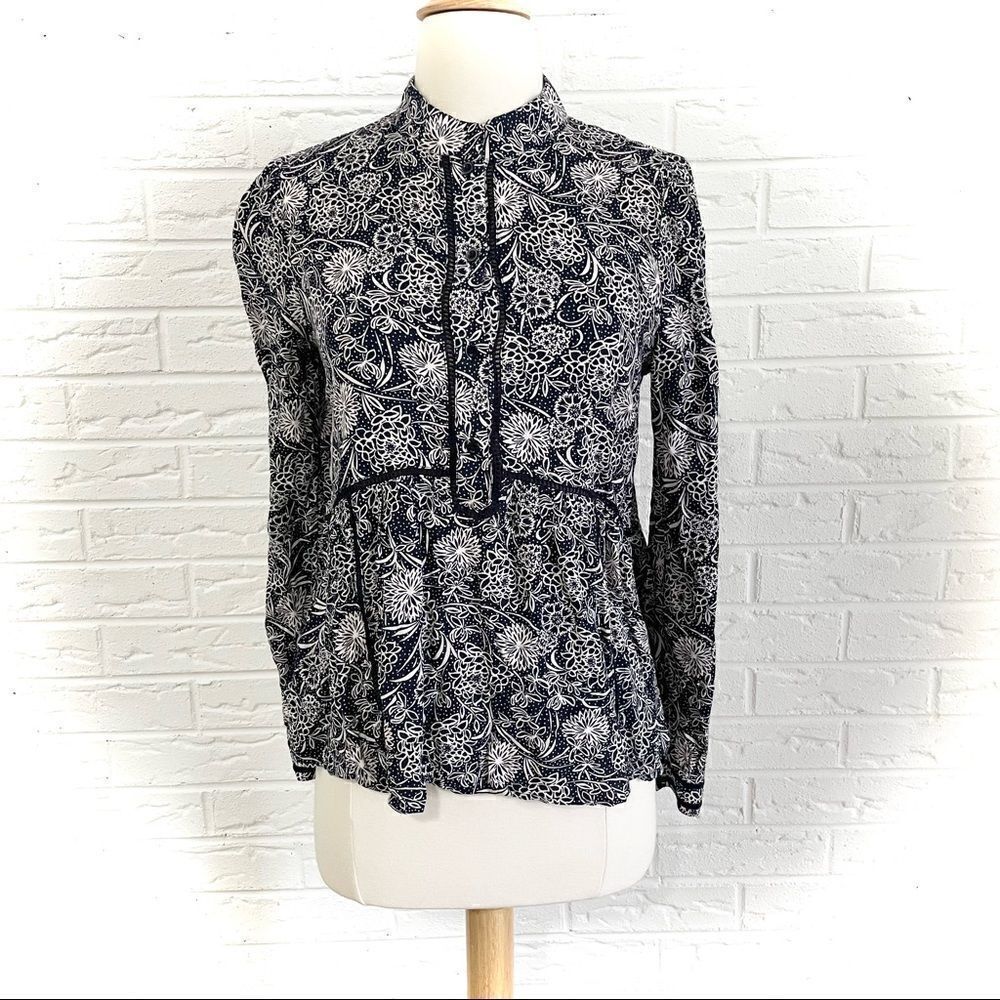 🚨4/$25 Hinge Nordstrom Floral Boho Half Button Blouse 100% Viscose Size XXS